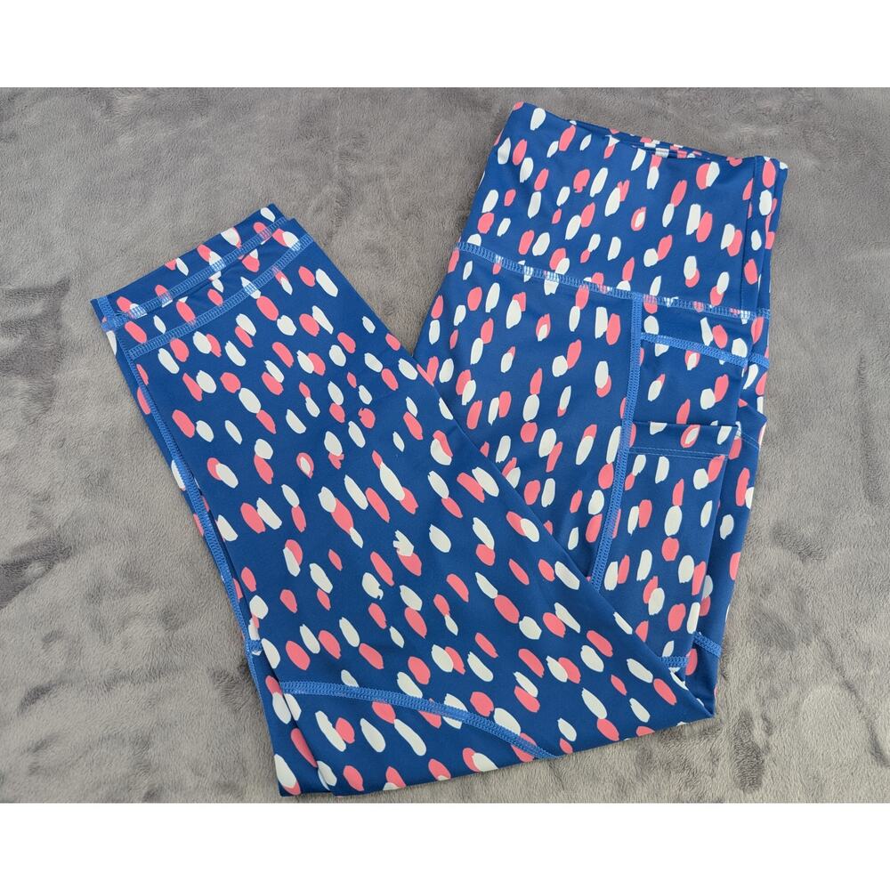 Zyia Active leggings blue w/ pink & white polka dots, 2 pockets Size 8-10 Medium